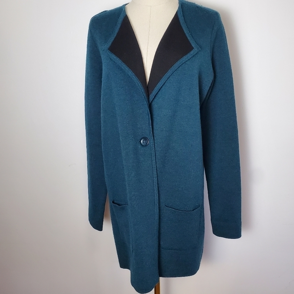 Catherine Malandrino Deep Teal Long Cardigan Coat with Black Trim - size M